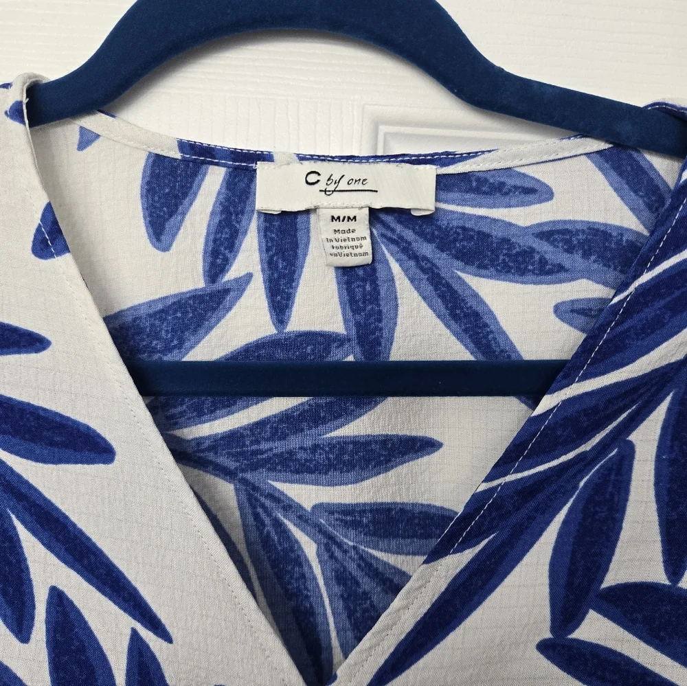 Blue Leaf Pattern Blouse, Tie Front - Picture 2 of 4
